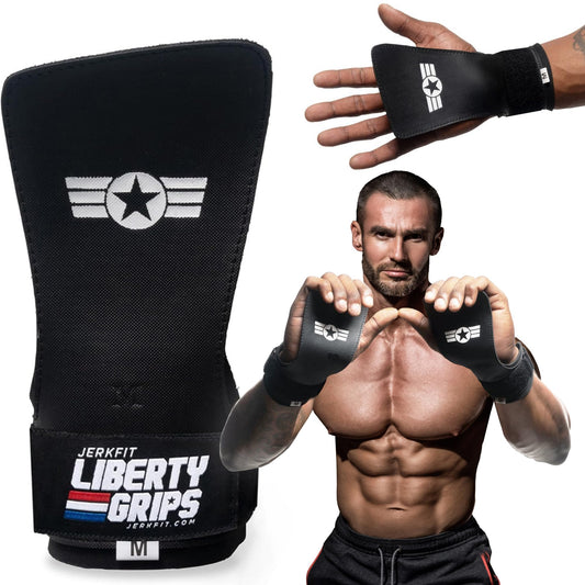 JerkFit Liberty Grips 2.0 (Medium) - Fingerless Gymnastics Hand Grips for Pull-Ups, Cross Training, Weightlifting, WODs, and Calisthenics - No Hole Hand Protection to Prevent Rips and Blisters