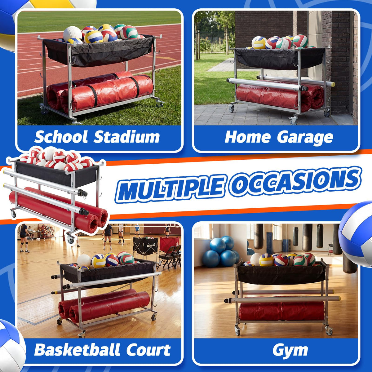 Datanly Volleyball Equipment Cart with Wheels 60 Inch Heavy Duty Volleyball Gear Storage Trolley with Removable Polyester Baskets Grey Portable Ball Cart for Balls Pads Nets Training Aids