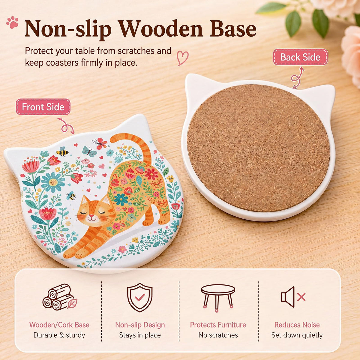 LemonRoad 4 Pack Cat Ear Coasters for Drinks 4.25 Inch Cute Absorbent Ceramic Coasters Non-slip Wooden Base for Housewarming Cat Lovers Gifts Kitchen Home Office decorate for Cold Drinks Wine Mugs Cup