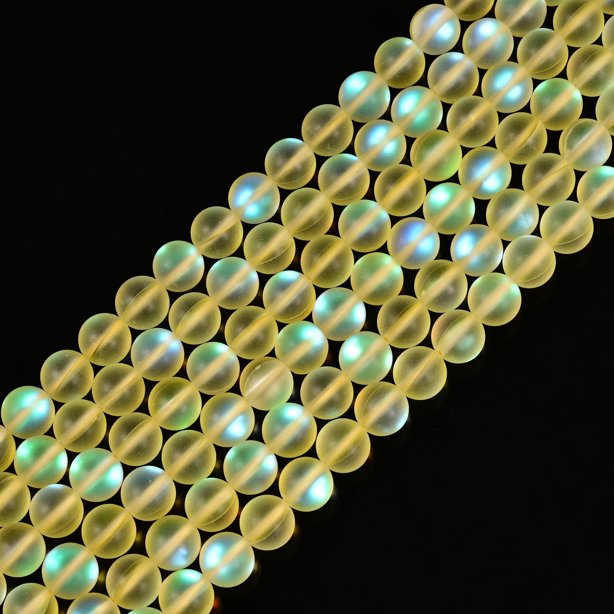 10mm Matte Yellow Mermaid Aurora Crystal Glass Bead, Glitter Round Synthetic Moonstone Beads for Jewelry Making Bracelets