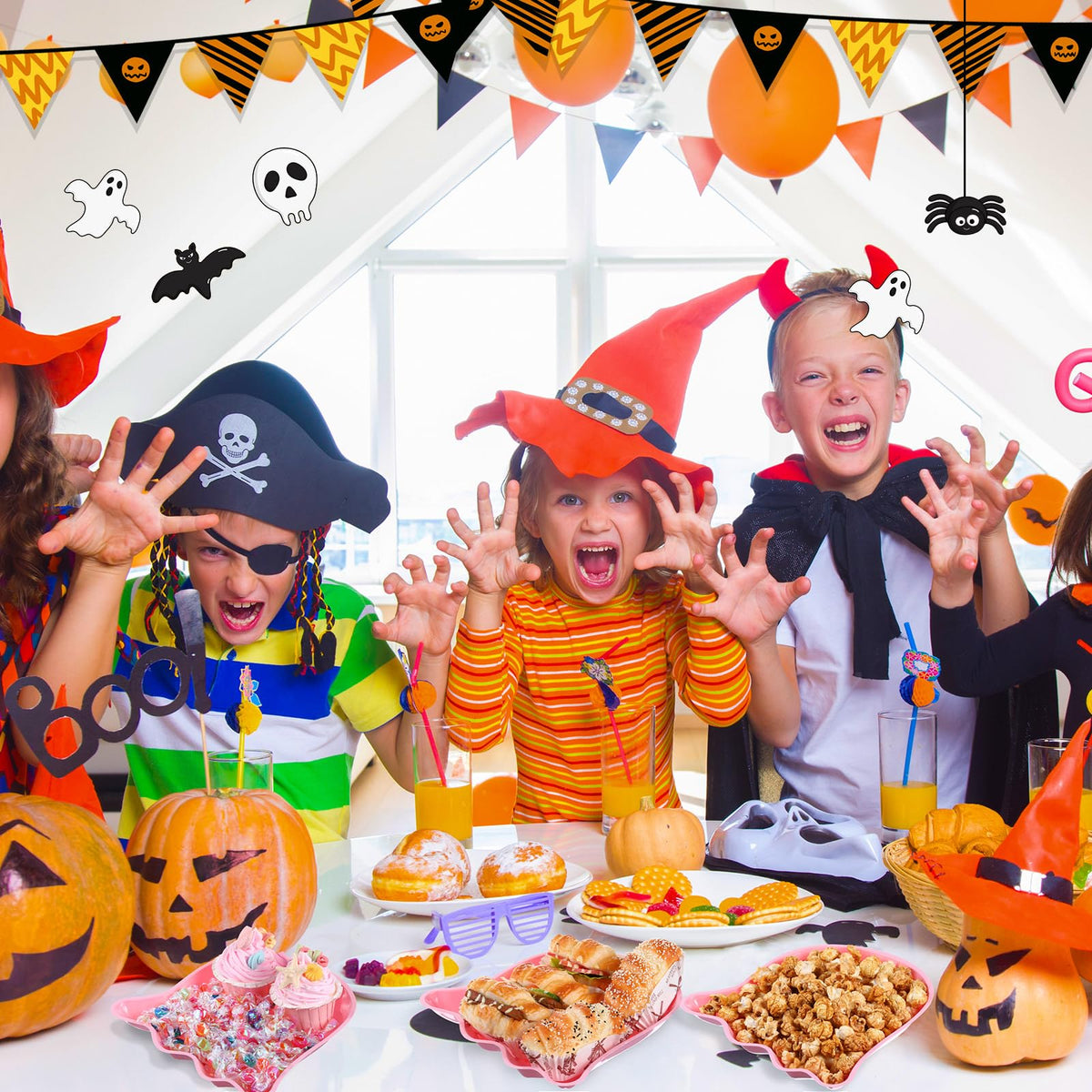 Sawysine 24 Pieces Halloween Party Serving Trays, Plastic Orange Pumpkin Black Cat White Ghost Plates Halloween Party Tableware Supplies for Holiday Decorations(Pink,Ghost)