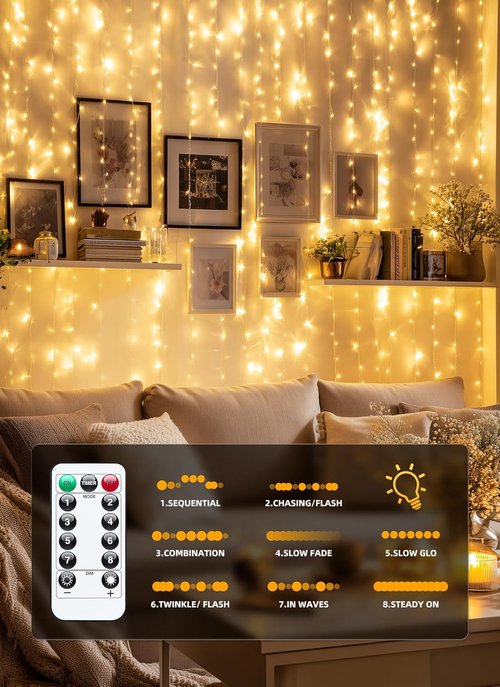 Brightown 300 LED Fairy Curtain Lights - 9.8ft x 9.8ft, USB Plug, 8 Lighting Modes | Warm White 2 Pack for Indoor/Outdoor Decor