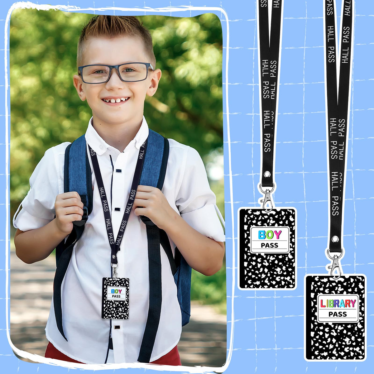 Fuyoooo 16 Set Composition Notebook Hall Pass Lanyards Unbreakable PVC Classroom Passes with Lanyards Bathroom Boy Girl Library Hall Office Nurse Pass for Elementary School Supplies
