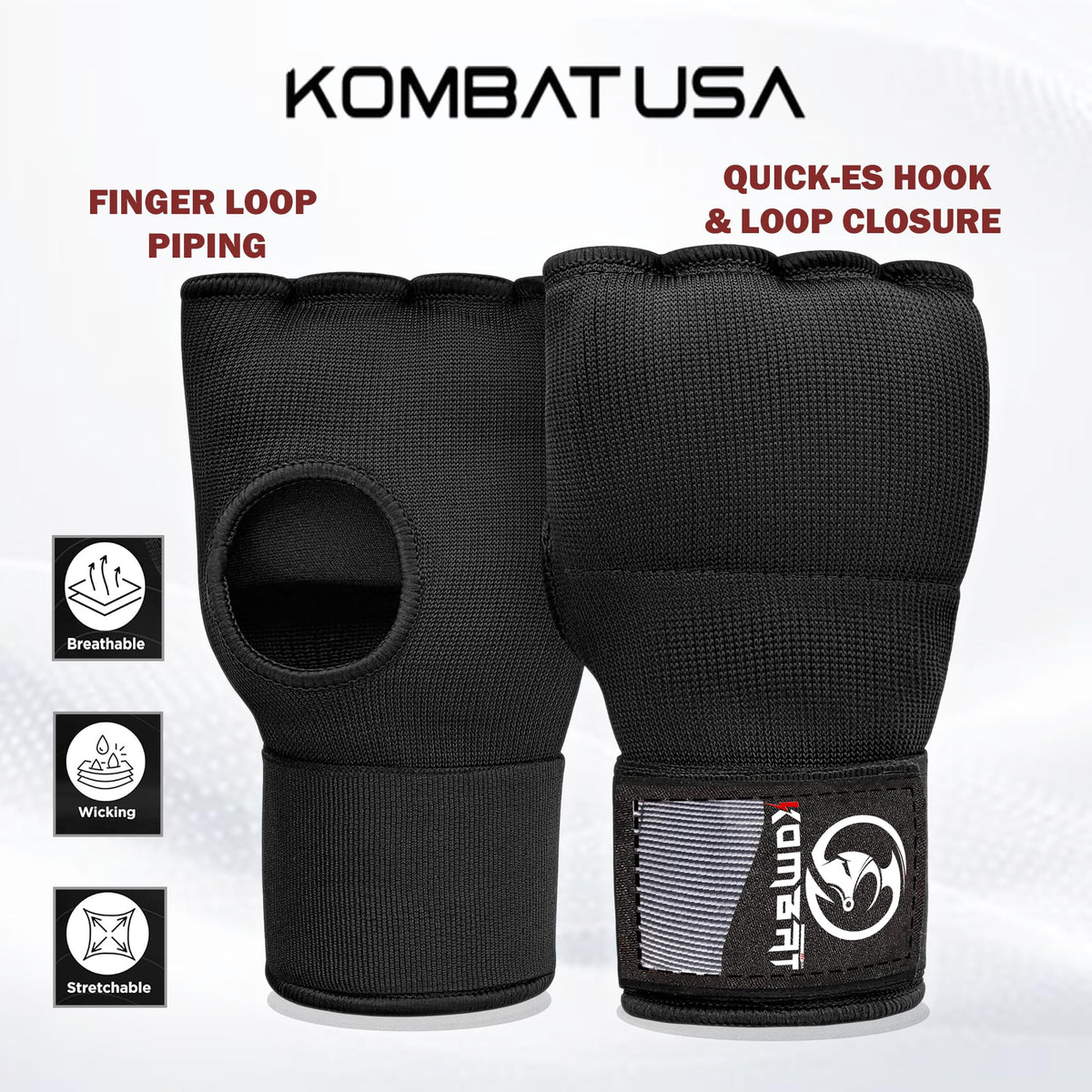 Kombat Gel Boxing Hand Wraps, Padded Inner Gloves for Men & Women, 75cm Quick Wrist Wraps, Knuckle & Wrist Protection for Muay Thai, MMA, Kickboxing, Martial Arts, Punching Training(Black, Large)
