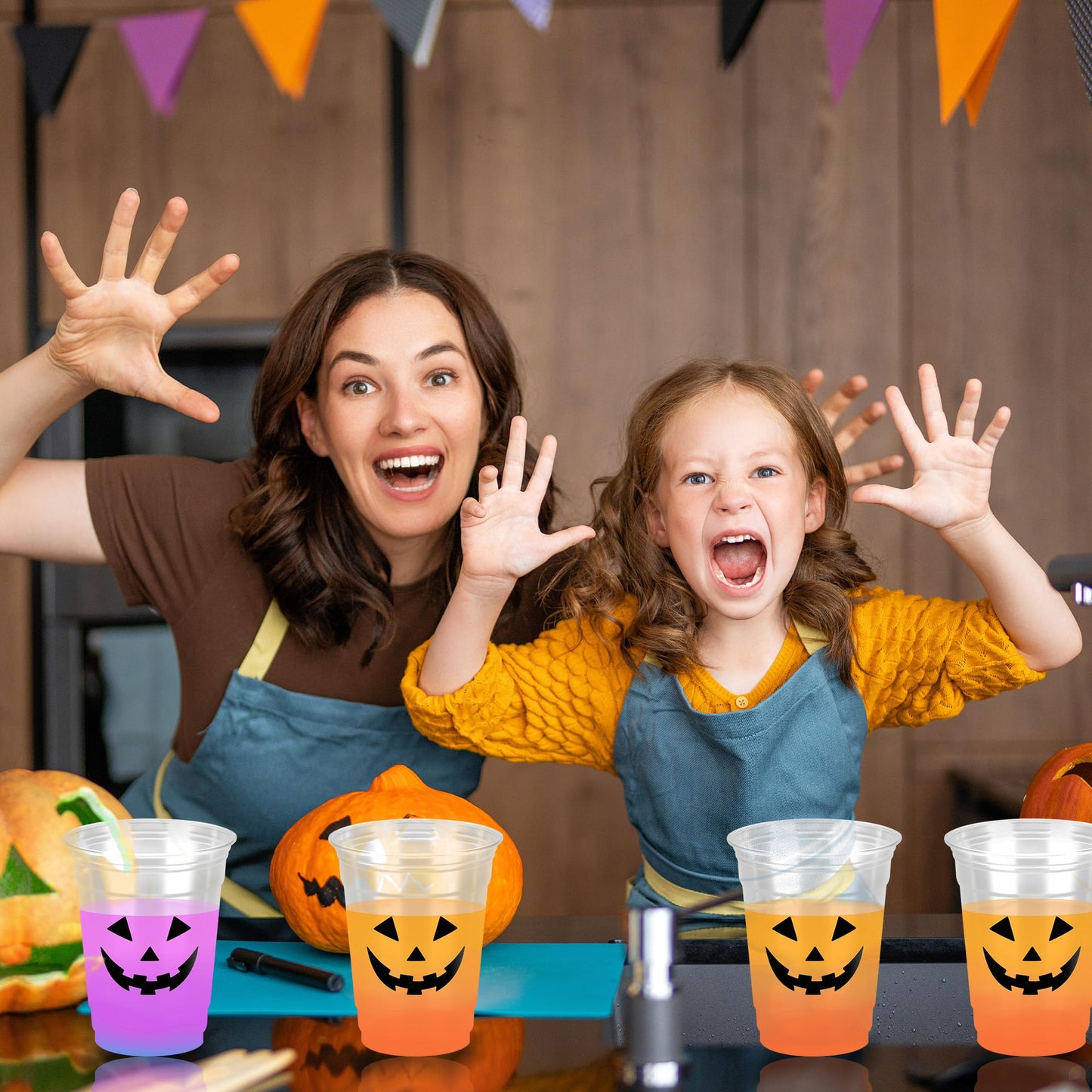 Pumpkin Face Plastic Cups Halloween Scary Disposable Party Cup Jack O Lantern 12oz Clear Cups for Candy Beverage Snacks October Trick or Treat Party Supplies (50)