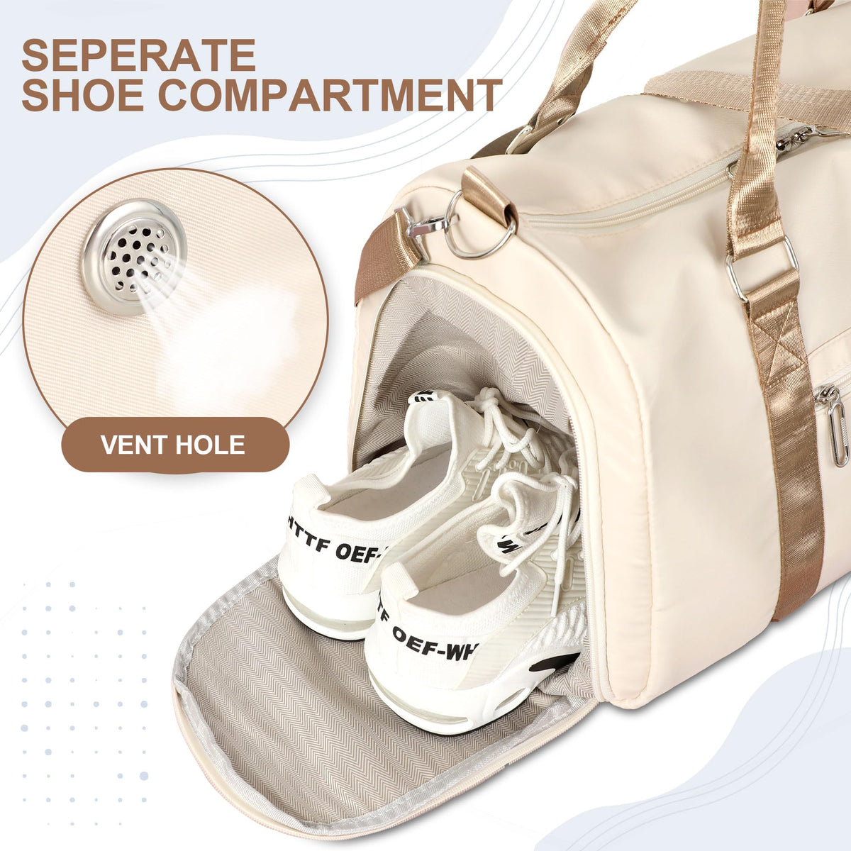 FIORETTO Womens Gym Tote Duffle Bag with Wet Pocket & Shoe Compartment, Sports Duffel Overnight Weekender Hospital Workout Carry on Bag for Girls, Ideal for Travel, Swimming, Dance, Ballet Beige