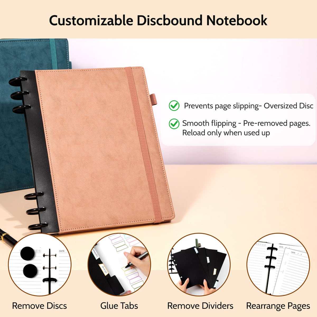 Yoment Refillable Notebooks for Work 5 Subject with Removable Dividers Tabs 240 Pages Hardcover Leather Journals for Writing Large Discbound Planner Colleged Ruled Paper for Women Men 8.58 x 11,Pink