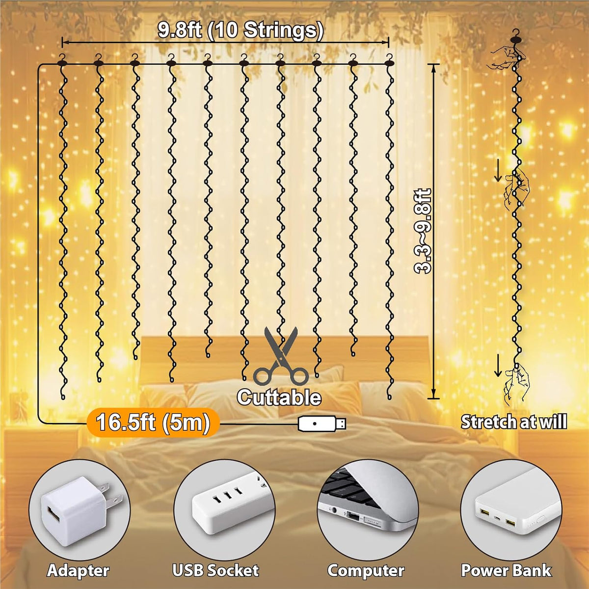 Skiennix Warm White Curtain Light - 300 LED Fairy String Lights | 9.8ft x 9.8ft with Remote & Hooks