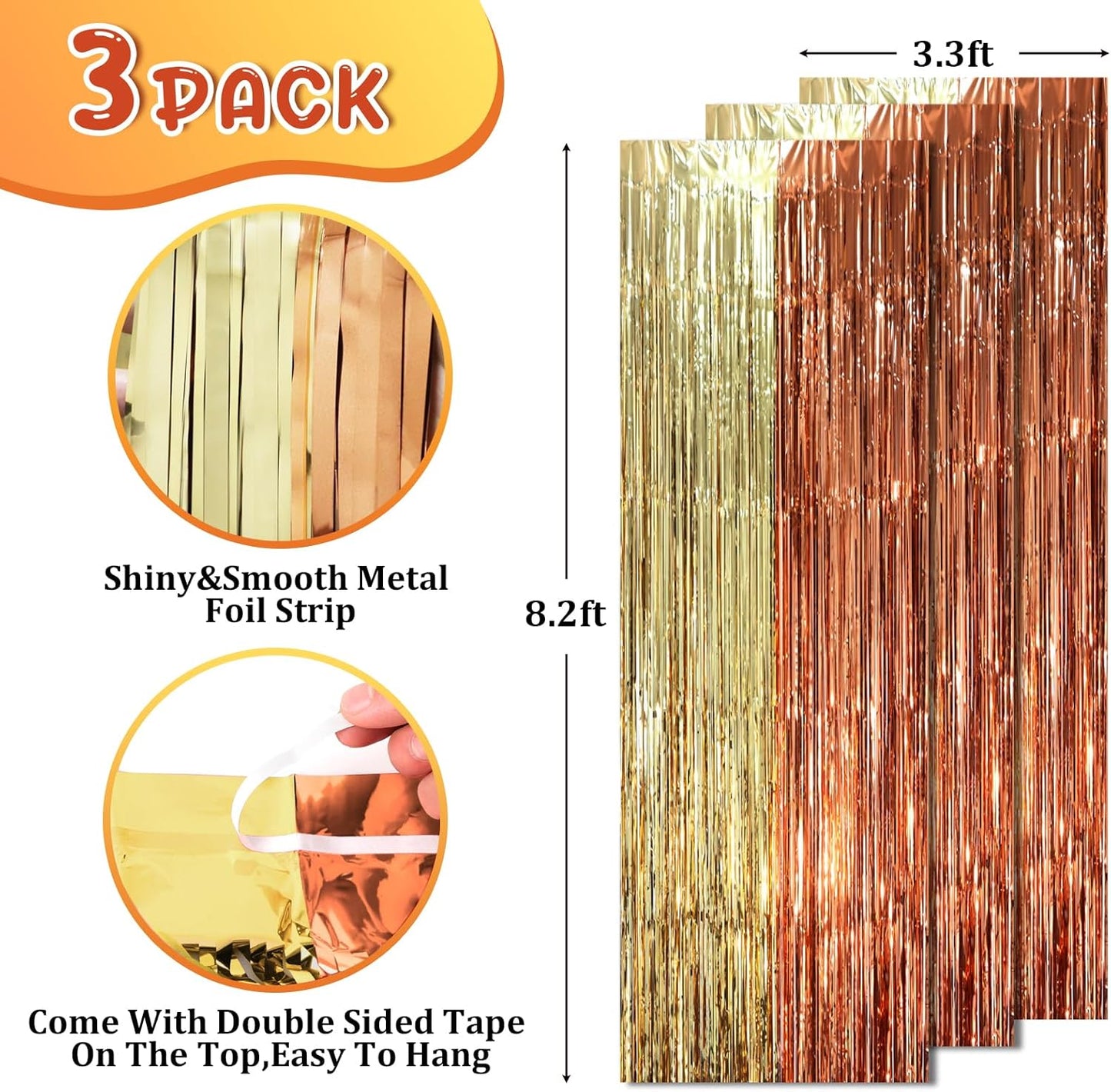 Voircoloria 3 Pack Foil Fringe Backdrop Curtains - 3.3 x 8.2 ft Rose & Champion Tinsel Streamers for Parties