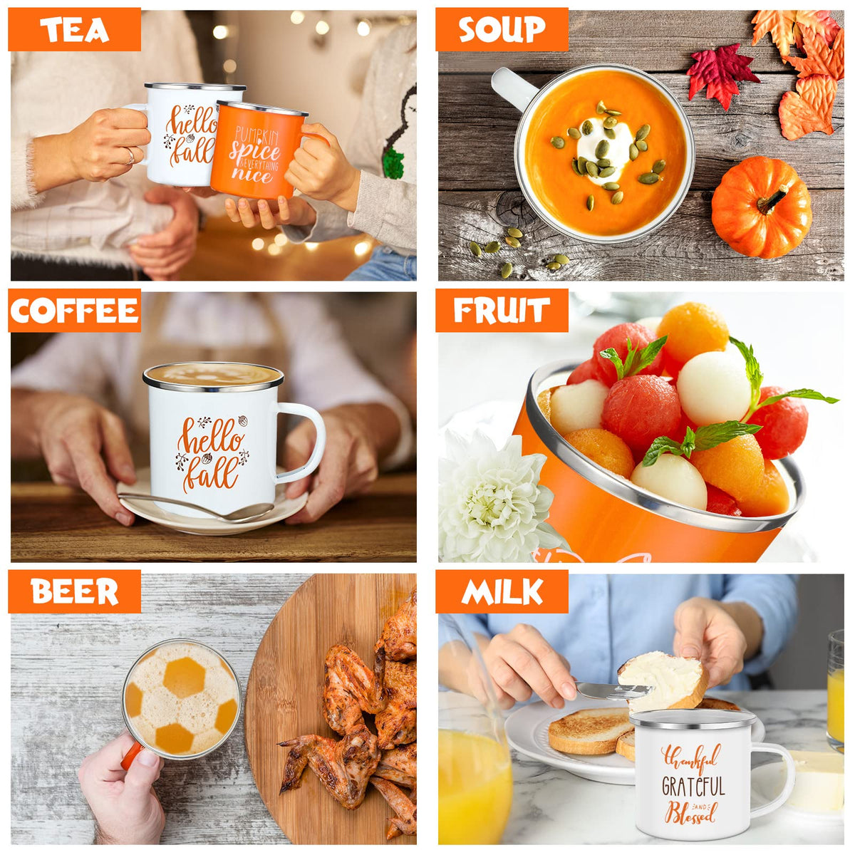 Fall Coffee Mugs 12 oz Thanksgiving Enamel Mug Autumn Coffee Mug Outdoor Camper Mug Hello Fall Pumpkin Spice Give Thanks Sign Camping Tea Cup Decor for Christmas Halloween Party Campfire(24 Pcs)