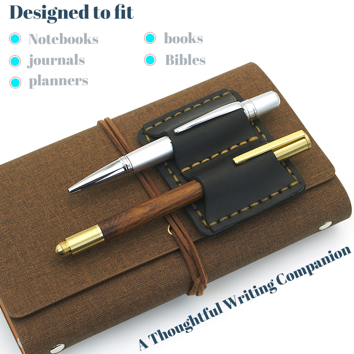 ESSSO Pen Holder for Notebook – Handmade Vintage Top-Grain Leather Notebook Pen Holder with Clip & Pen Loop for Journal, Planner & Bible (Black)