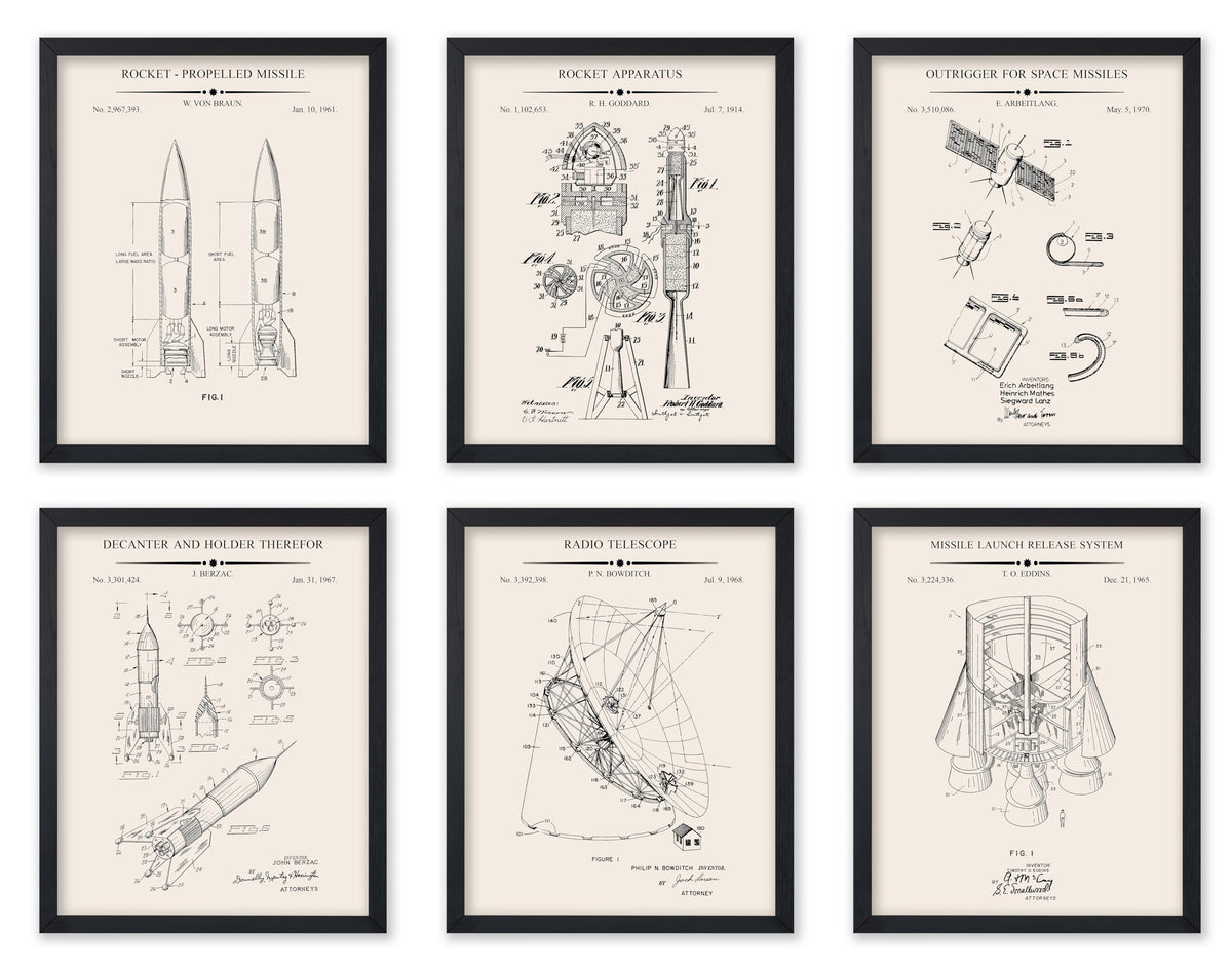 Monem Art 6-Piece Space Exploration Blueprint Print - Space Patent Poster - Rocket, Spaceship, NASA & Satellite Art - Technical Drawing Wall Design - Dorm or Office Decor - 8x10 UNFRAMED Wall Art