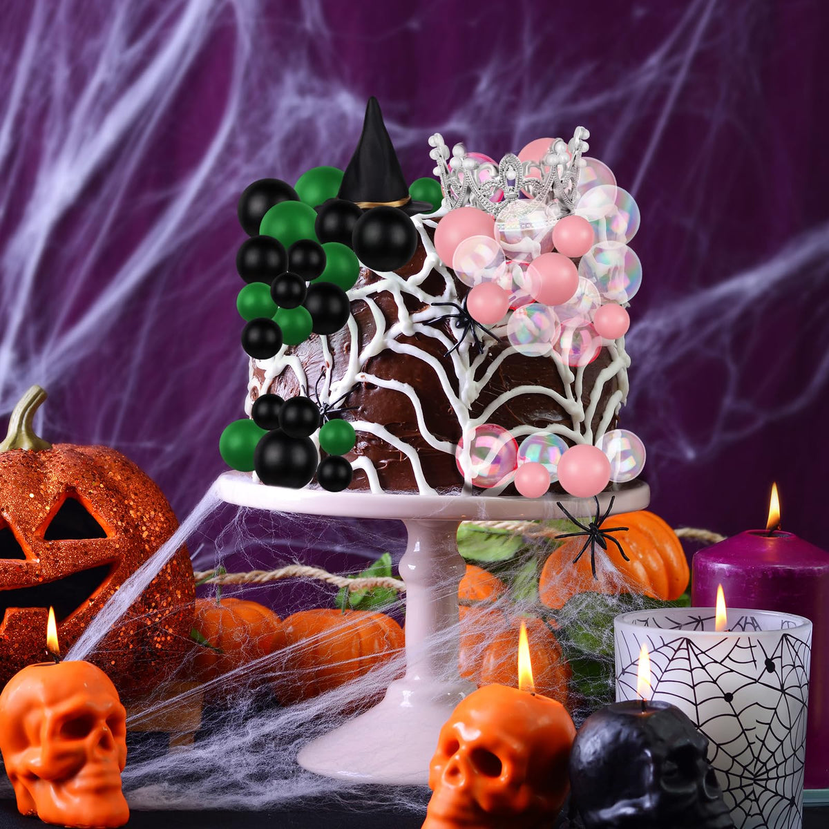 50 Pcs Witch Theme Party Supplies Balloons Cake Topper Black Green Pink Mini Balloons, Silver Plastic Crown and Black Women Witch Hat Fantasy Cake Decoration Balls for Birthday Cake Decoration