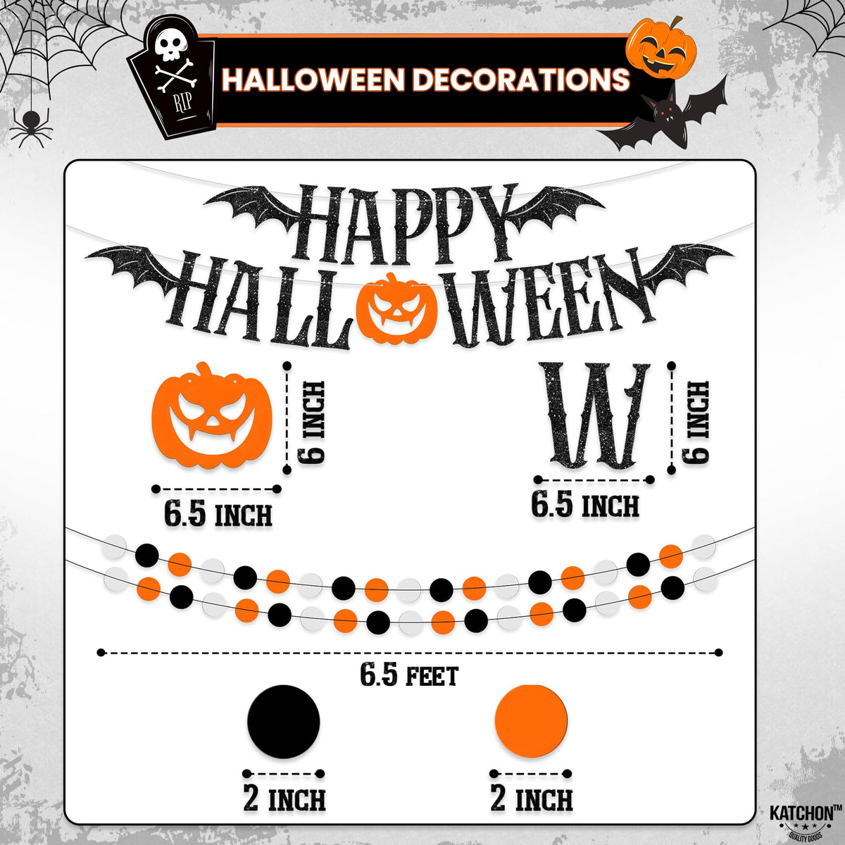 KatchOn, Halloween Decoration Bundle – 71 Pack Hanging Halloween Set with Banner, Garlands, Ghost Swirls, Pumpkins And Orange And Black Decoration Set with Fringe Backdrop And Balloon Arch Kit