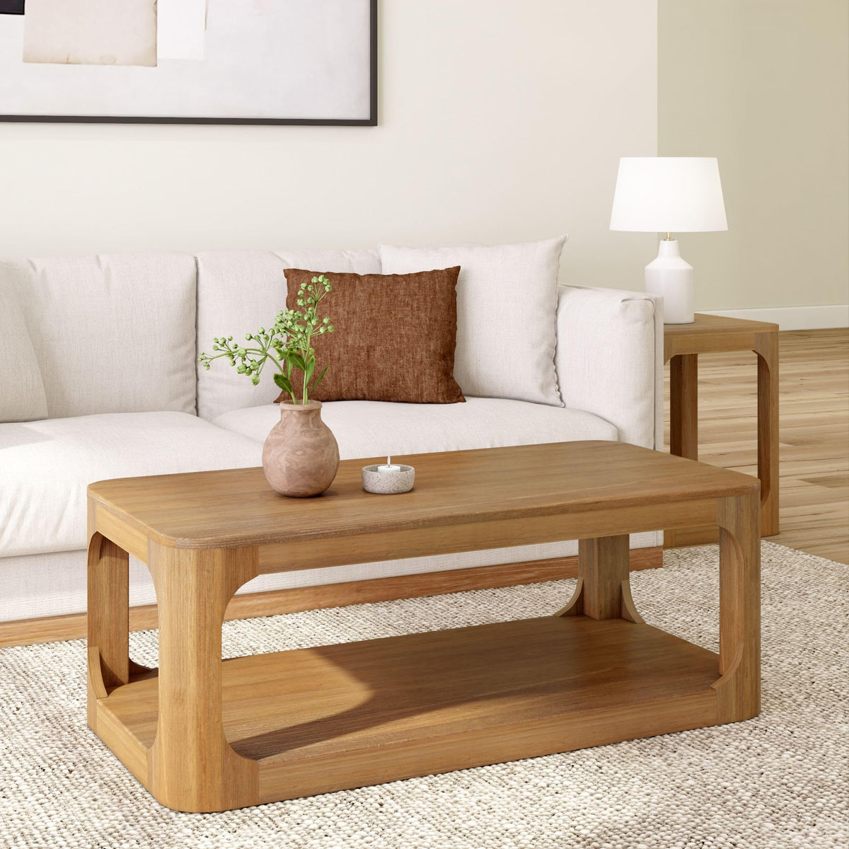 Plank+Beam Forma Coffee Table, Solid Wood 48 Inch Modern Coffee Table with Shelf, Contemporary Center Table with Storage Space, Rectangle Tea Table with Storage, Pecan