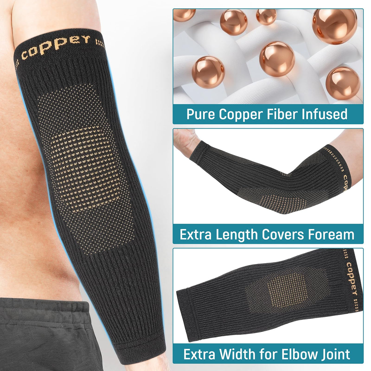 Vlela Copper Elbow Compression Sleeve - Tennis & Golfers Elbow Support Brace, Extends to Forearm for Complete Pain Relief, Wider Fit Hugs Joint, Medium