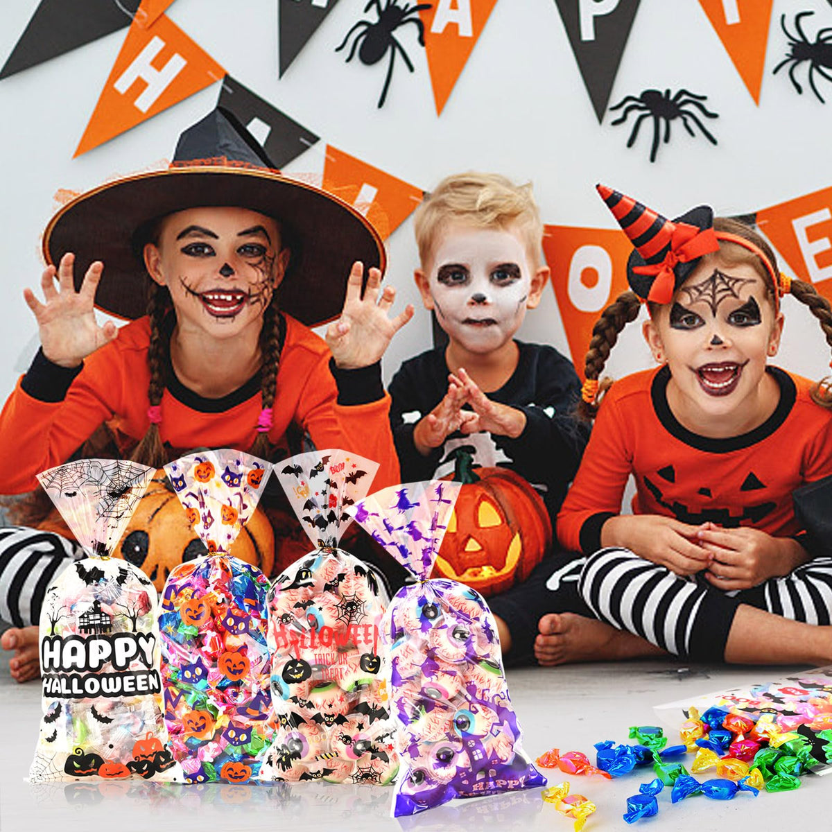 AhfuLife 200PCS Halloween Cellophane Treat Bags, 8 Designs Halloween Clear Candy Bags with Twist Ties for Treat or Treating, Snack Goodie Bags for Party Supplies Favors
