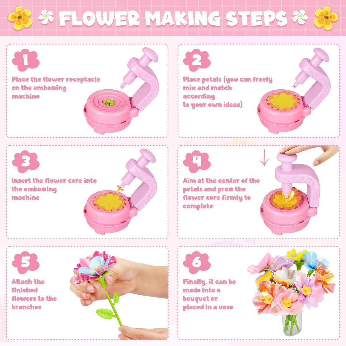 Fabric Flower Bouquets Toys, DIY Craft Kits Toys for Kids - Flowers Market Toy, Build Your Flower Bouquet, Arts & Crafts for 4+ Year Toddler Girl, Educational Activity Preschool B-Day Gifts