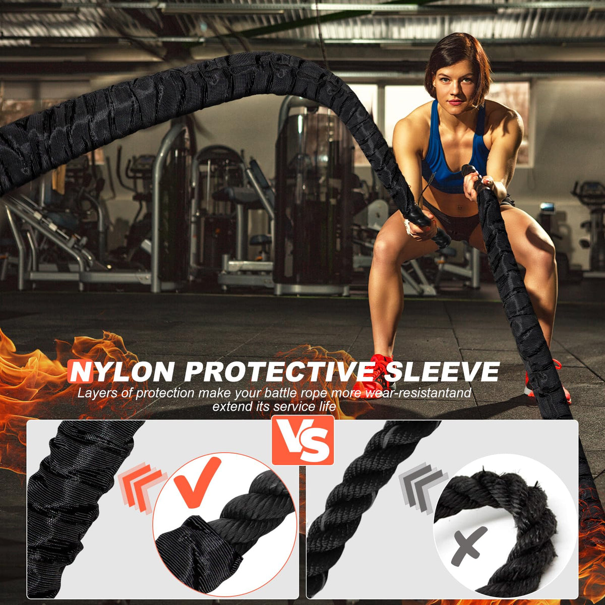 Battle Ropes for Home Gym Exercise: 1.26 Inch Diameter 30FT Length Workout Rope Exercise Rope Training Ropes with Protective Sleeve for Kids Men Women Exercise Fitness & Strength Training