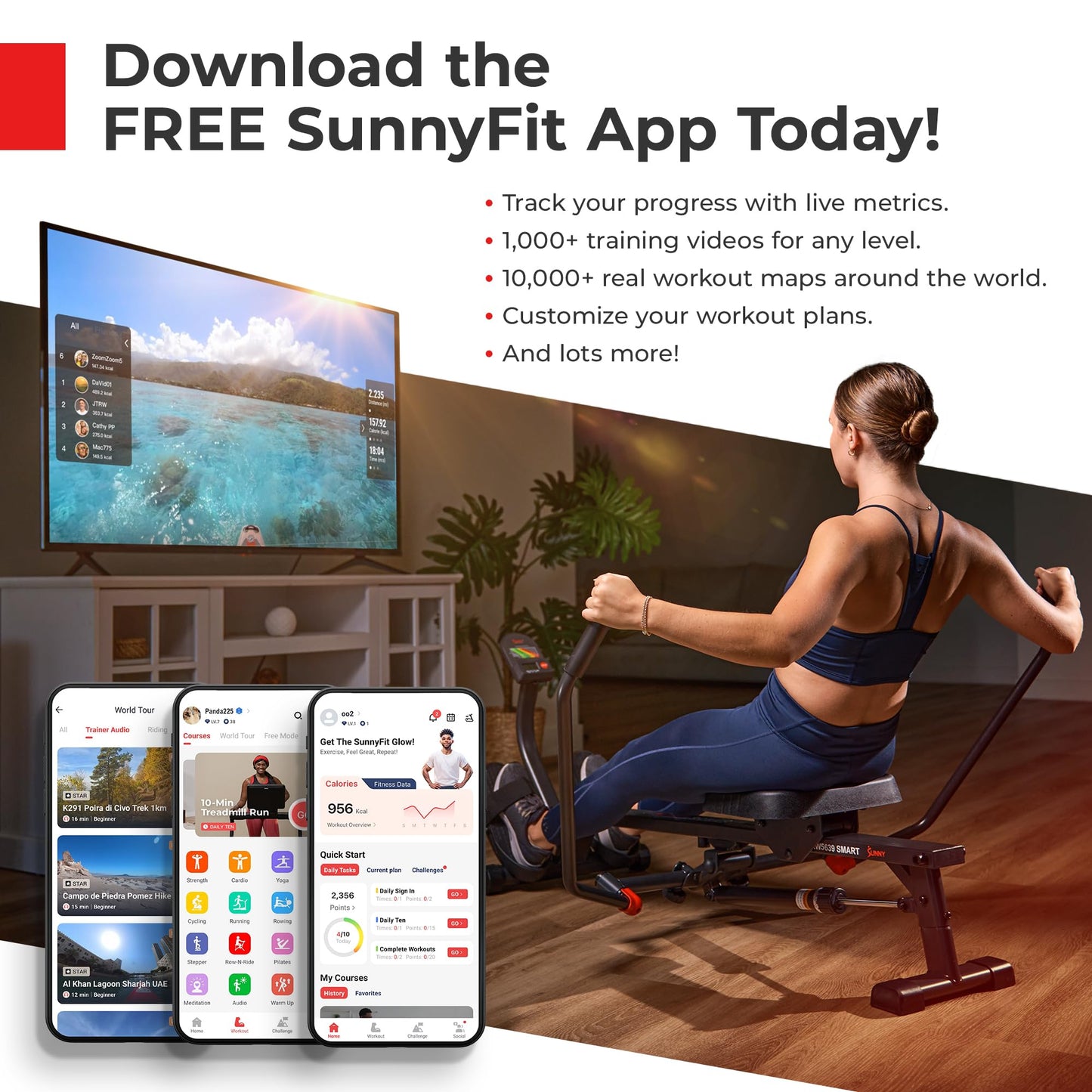 Sunny Health & Fitness Duo Motion Row and Squat Assist Multi-Functional Workout Trainer with Adjustable Resistance, Easy Setup & Foldable, Glute & Leg Exercise Machine - SF-A022070