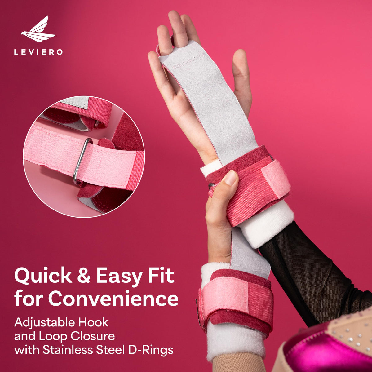 LEVIERO Gymnastics Grips Set, Grips for Gymnastics Girls, Dowel Grips with Soft Leather, Hook and Loop Wrist Straps, and Adjustable Finger Holes, for All Ages - (Pink, 2)