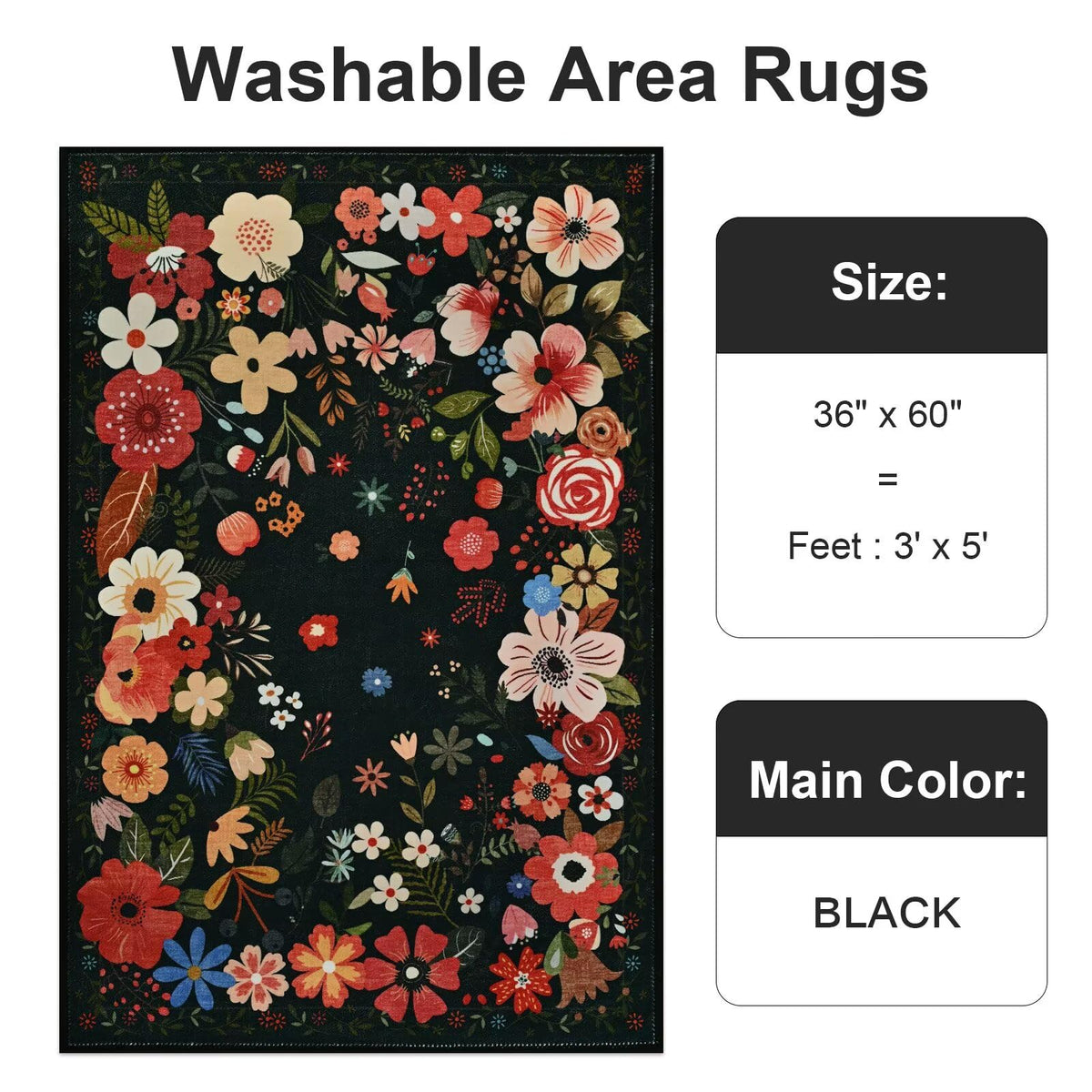 Vasofe 3x5 Rug for Bedroom,Washable Rugs for Living Room, Entryway, Indoor Floor Mat, Small Floral Mats for Nrusery, Farmhouse, Laundry Room, Playroom, Office, Non Slip Low Pile Soft Carpet, Black