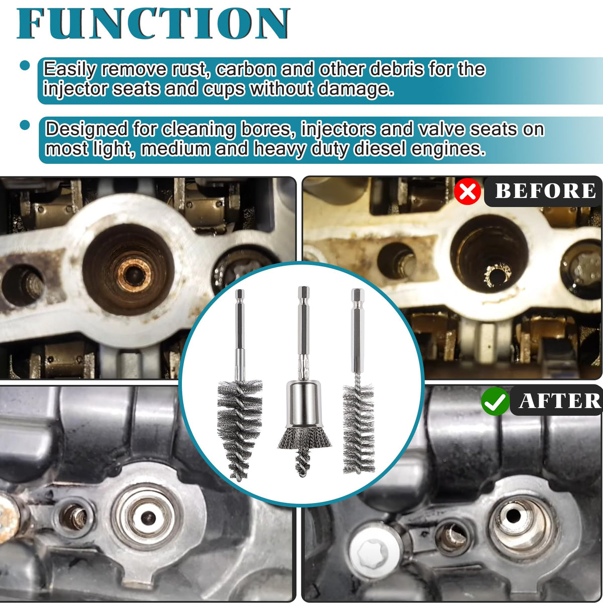 BELIFLY Professional Diesel Injector Seat Brush Cleaning Kit 8090S on Cylinder Heads Stainless Steel