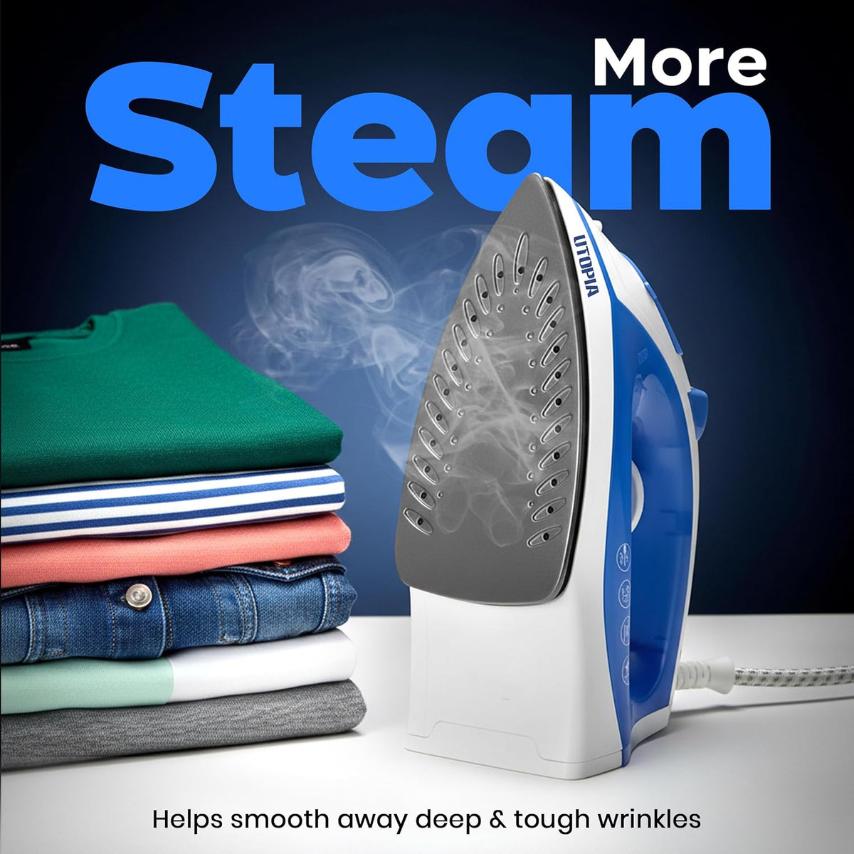 Utopia Home Steam Iron - 1200W Non-Stick Soleplate Clothes Iron with 2.3m Cord & Adjustable Thermostat | Blue