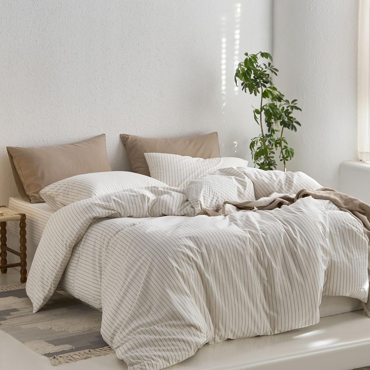 MooMee Striped Duvet Cover Set - 100% Washed Cotton, Soft & Breathable | Queen Size (White & Grey Stripes)