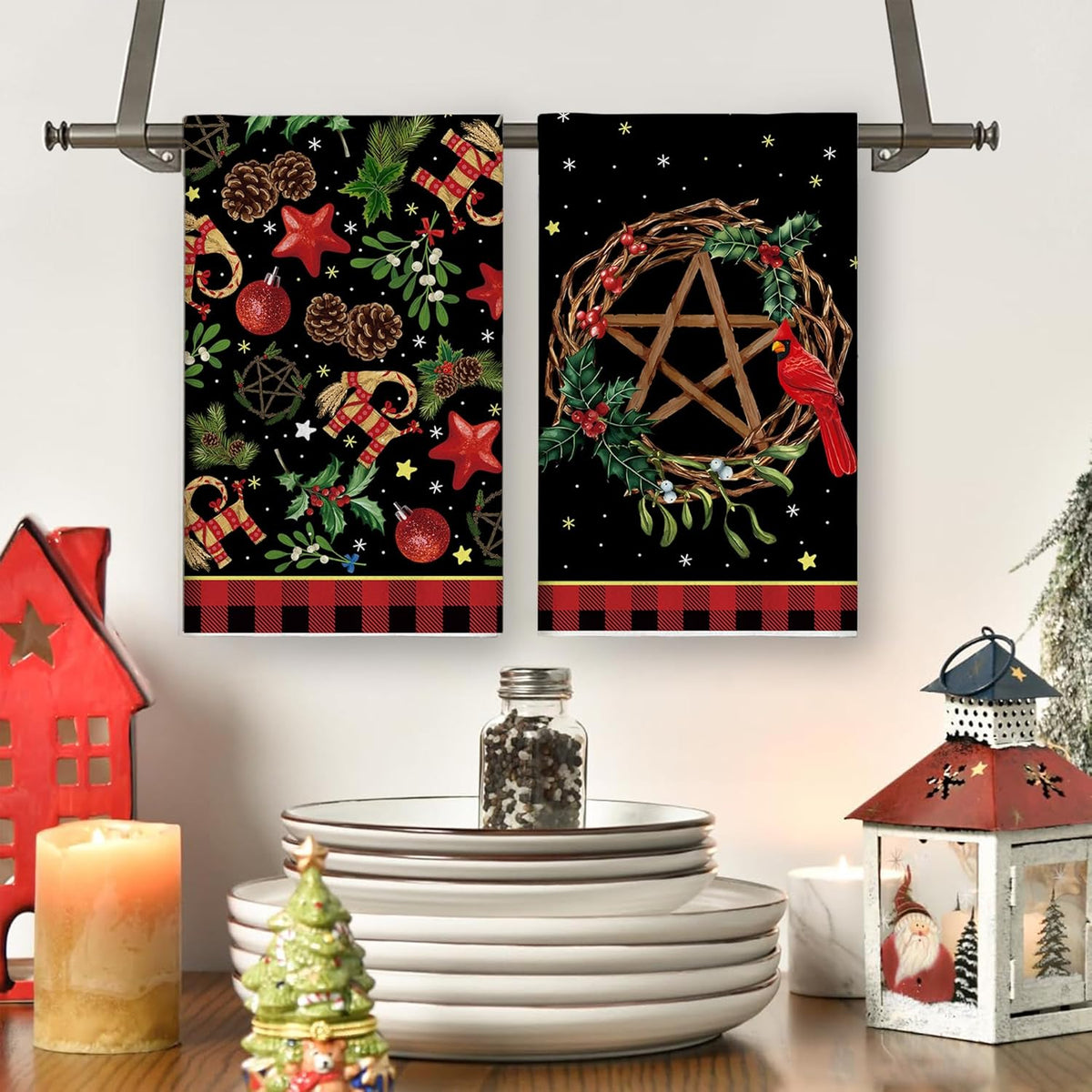 Yule Christmas Kitchen Towels - Scandinavian Straw Goat Julbock & Mistletoe Decor | Festive Dish Towels