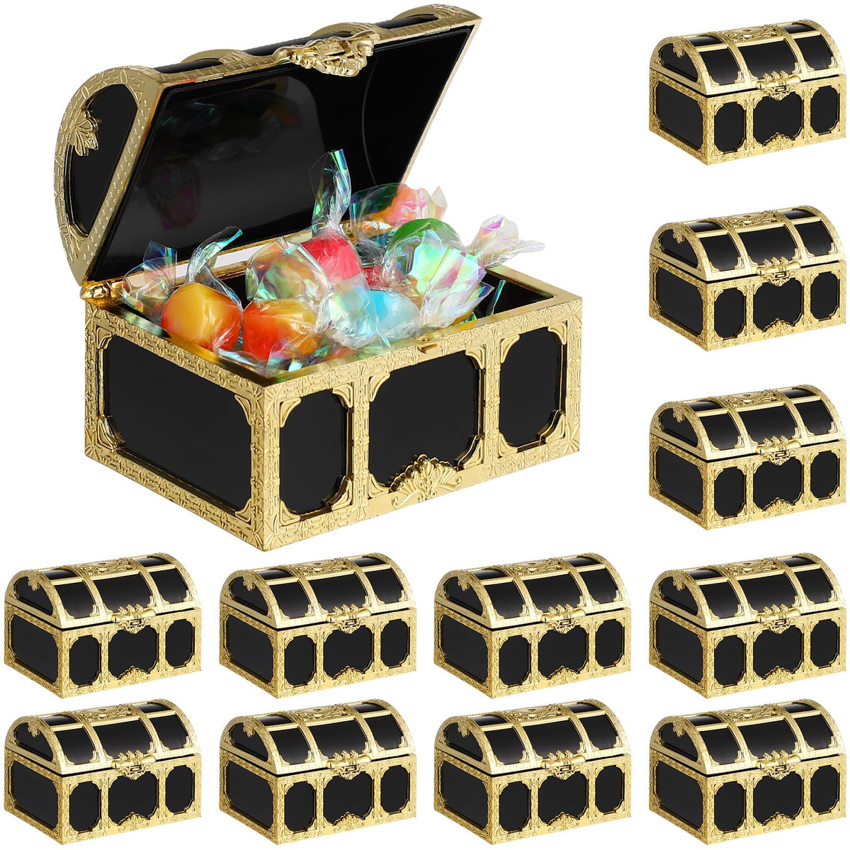 Veemoon 12 Pack Pirate Chest Storage Boxes Plastic Mini Treasure Chests 2.95X2.12X1.96In Waterproof Decorative Pirate Sugar Box for Party Favors Cake Decorations and Kids Pretend Play