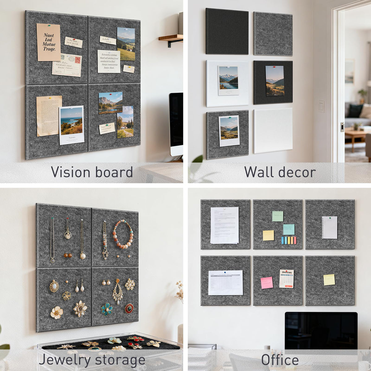 QUEENLINK Large Cork Boards 48"x36", 12-Pack Self-Adhesive Felt Bulletin Board Tiles with 120 Push Pins, Square Felt Wall Panels Pin Board Tack Board Wall Organizer for Home Office Decor, Grey