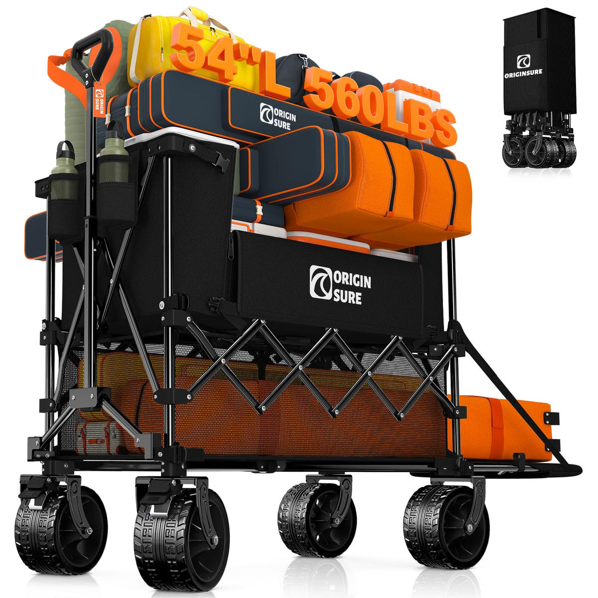 Originsure 400L Double Decker Wagon Collapsible with 54" L Tailgate, 560lbs Heavy Duty Carts Foldable, Extra Large Folding Beach Wagon with Big All-Terrain Wheels for Camping, Sports, Groceries, Black