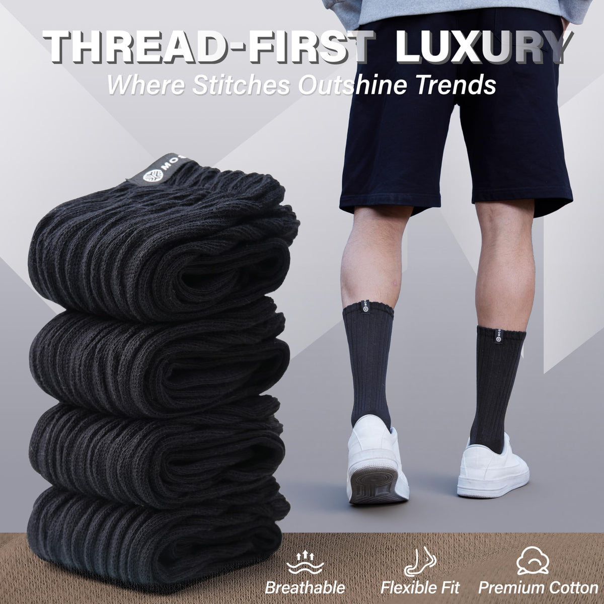 MOSEY KOSY Scrunch Cotton Socks, Slouch Calf Breathable Soft Socks for Women and Men, 4 Pairs (Black,M)