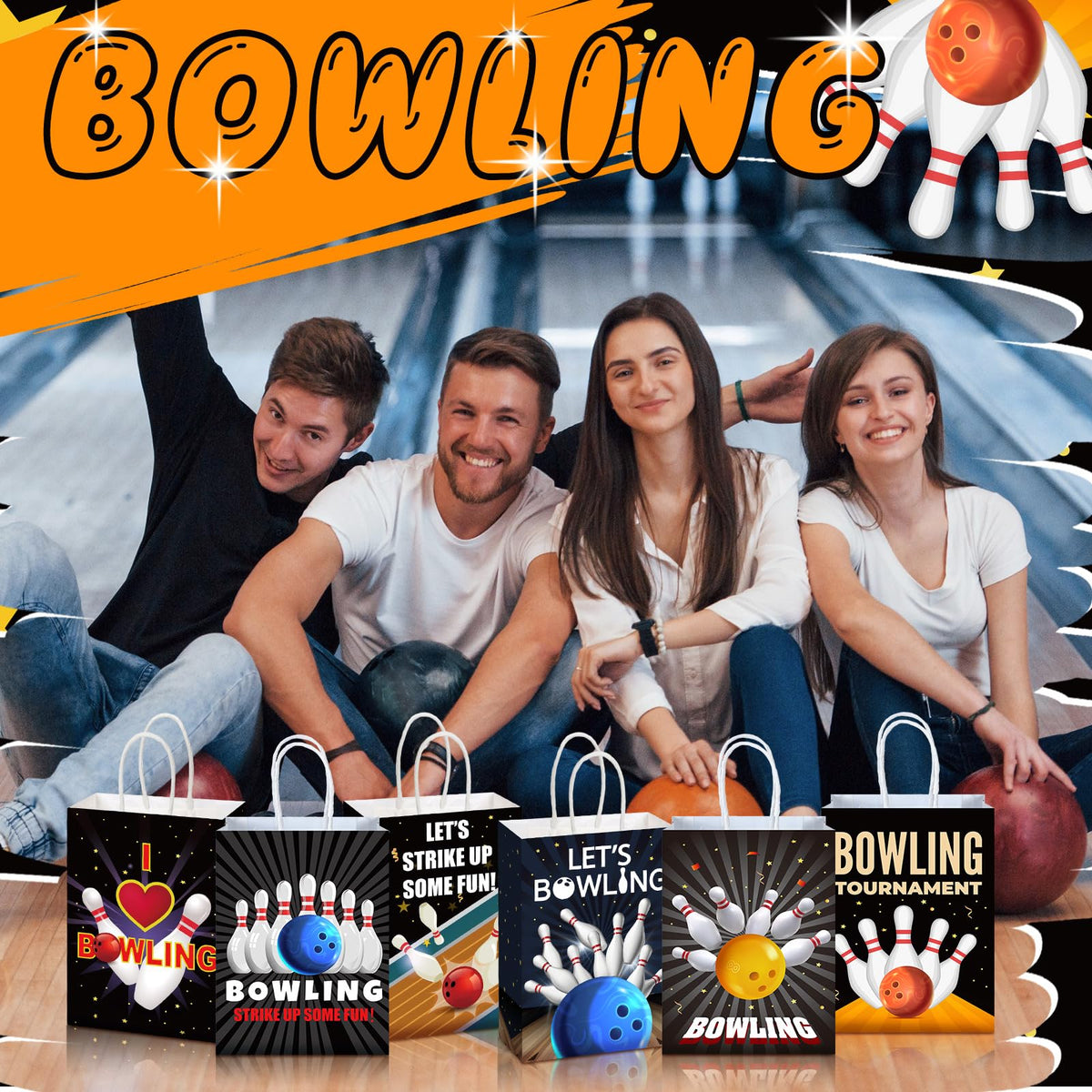 Kolldenn 24 Pcs Bowling Party Favors Bags Bowling Ball Goodie Gift Paper Bags with Handles Sport Candy Treat Pouch for Ball Birthday Party Decorations Supplies