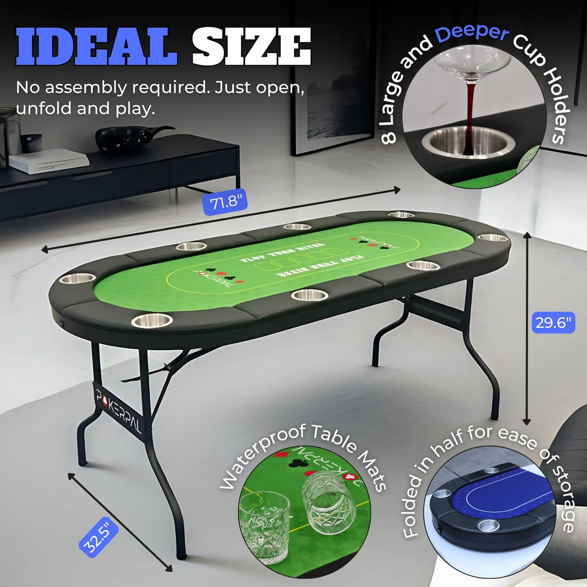8 Player Poker Table with 2 Interchangeable Game mats, Texas Holdem and Blackjack, Collapsible Casino Table with Padded Rails and XXL Cup Holders for Wine and Whiskey Glasses, (71 in) - Burgundy