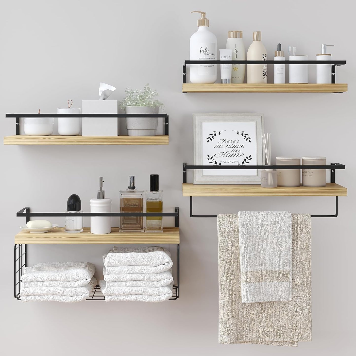 Wood Floating Shelves - 4-Tier Rustic Wall Mounted Shelves with Wire Basket & Towel Bar | Farmhouse Decor