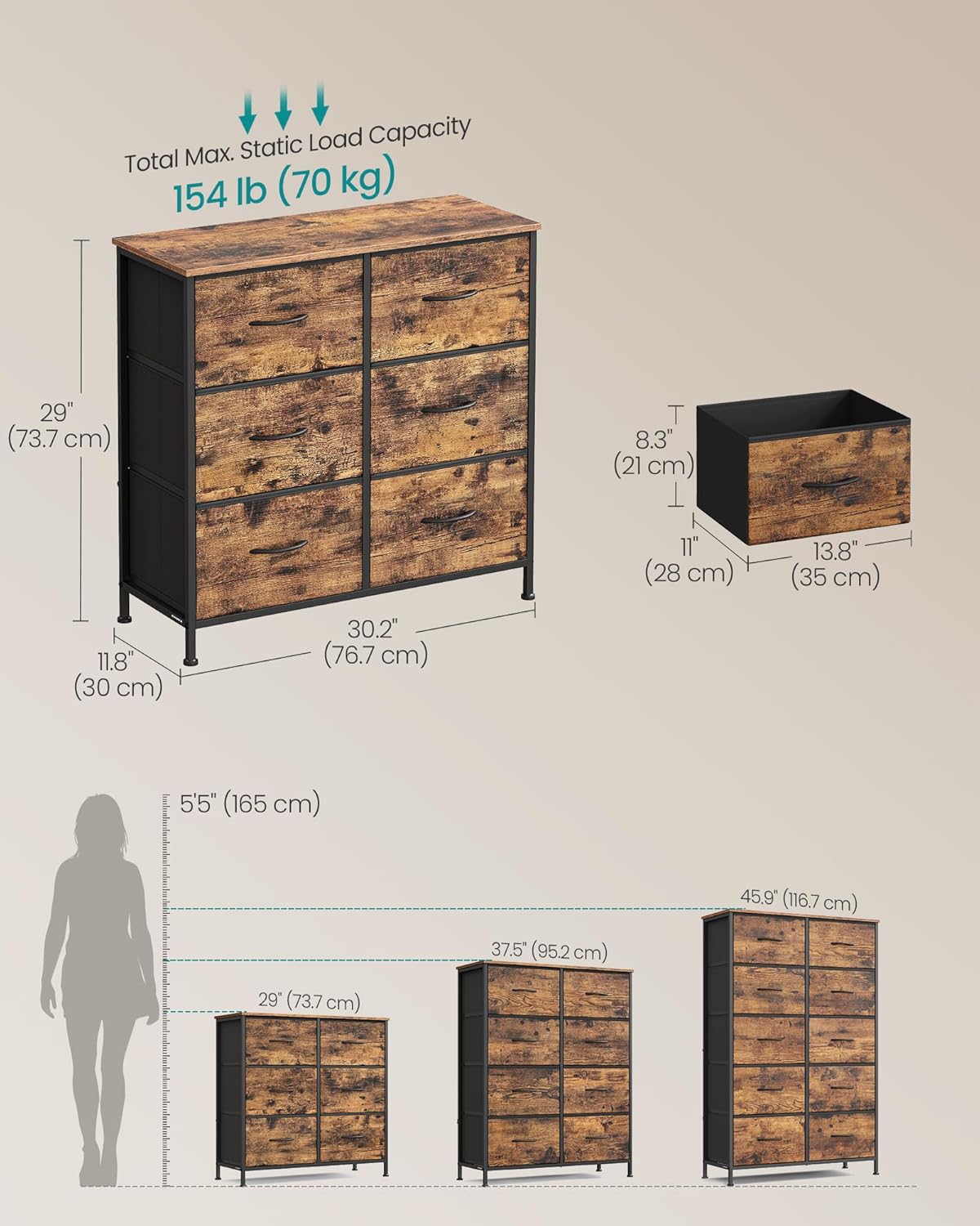 SONGMICS Dresser - 6 Non-Woven Fabric Drawers Storage Organizer Unit | Rustic Brown & Ink Black