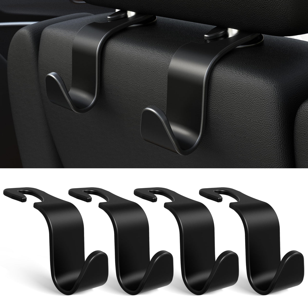 Amooca 4-Pack Car Headrest Hooks Vehicle Storage Organizer for Purses Handbags Groceries Backpack Coats –Holds 55lbs 360° Rotating Black