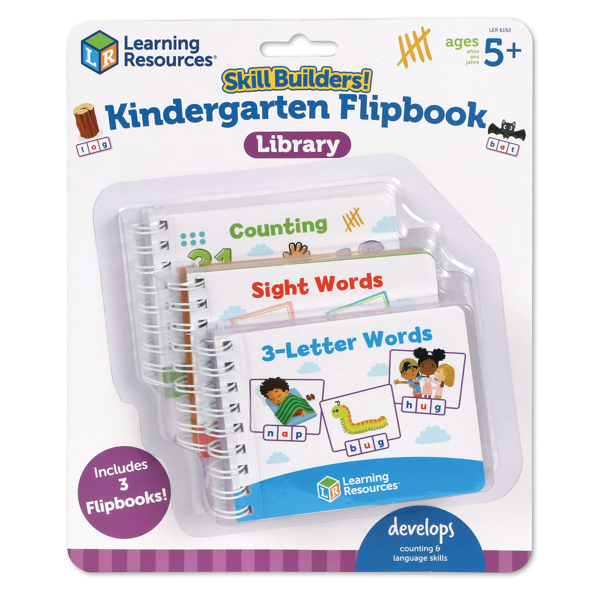 Learning Resources Skill Builders! Kindergarten Flipbook Library - 3 Pieces, Ages 5+ Kindergarten Learning Activities, Spelling and Counting for Kids, My First Library for Kids