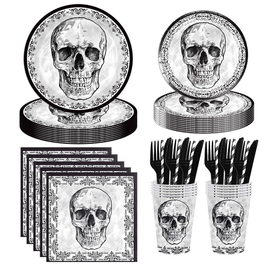 140Pcs Black Skull Birthday Party Decorations for 20 Guests - Halloween Tableware Skull Party Supplies Plates and Napkins Forks Cups Straws for Baby Shower Birthday Decorations