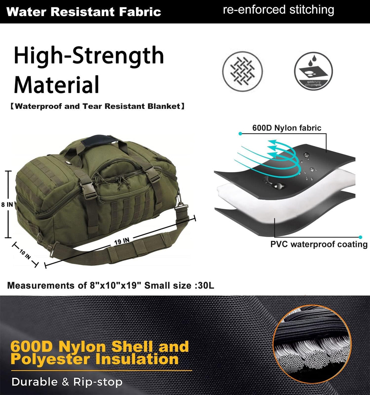 Miramrax Travel Duffle Bag Backpack for Men - Large Tactical Bags Weekender Gym Bag for Overnight Traveling Military Workout Deployment Sports (Green, 25L)