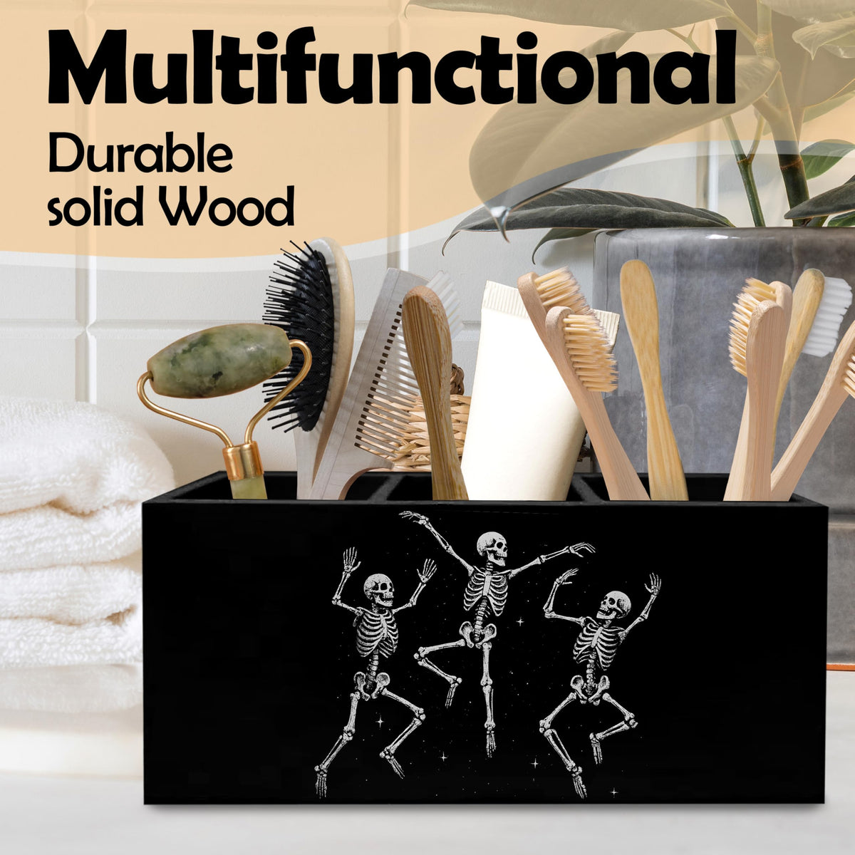 KAOWT Gothic Skeleton Gifts Pen Pencil Utensils Holder, Funny Spooky Dancing Skeleton Wooden Pen Holder for Home Office Kitchen Desk Decor, Holder Sign Organizer forHome Office Desk Accessories