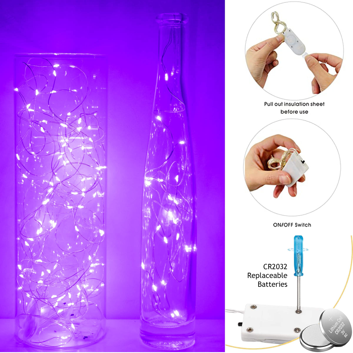 SunKite 16 Packs 20 LED Purple Fairy String Lights Battery Operated Waterproof 6.6 Feet Silver Copper Wire Firefly Starry Moon Lights for DIY Bottle Costume Wedding Party Bedroom Table Decor
