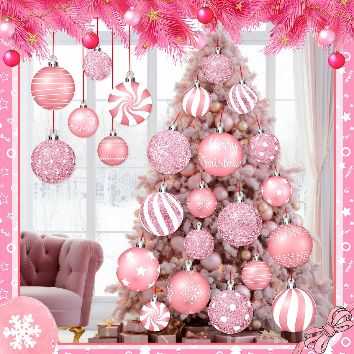 Huwena 24 Pcs Christmas Decorations Outdoor Christmas Hanging Ornaments Peppermint Candy Yard Signs Double Sided Lawn Decorations Peppermint Ornaments for Xmas(Pink)