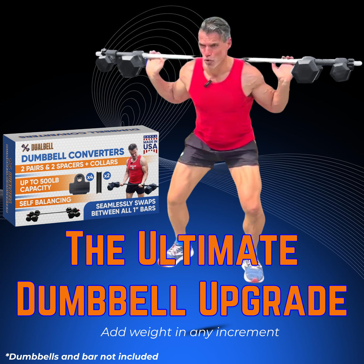 DUALBELL Dumbbell Barbell Converters- Heavy Duty Barbell Adapters, Convert Dumbbells to Barbell, 500lb Capacity, Easy Setup for 1" Bars, Turn Dumbbells into Weight Plates, Black Superset w/Red Weight Collars