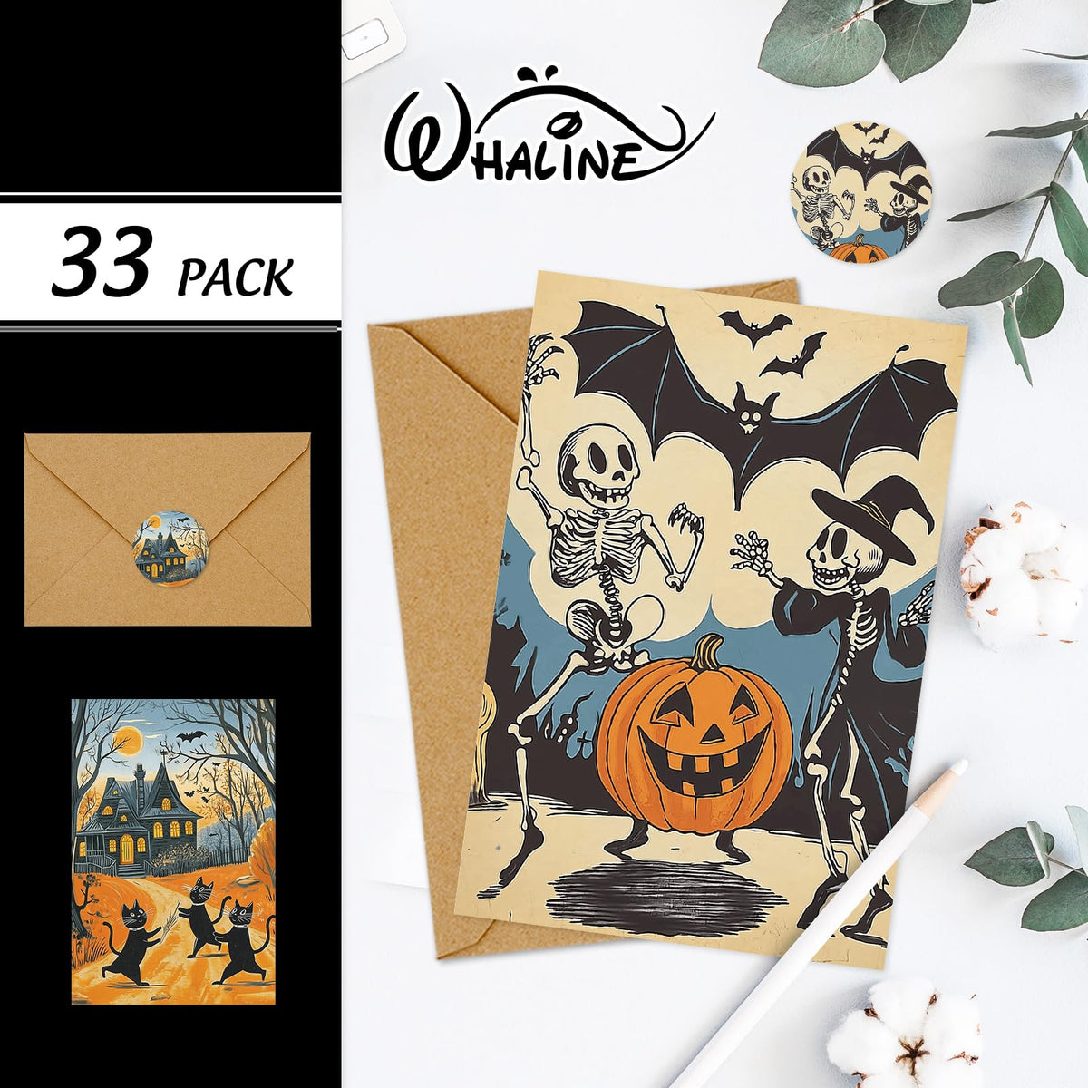 Whaline 33 Pack Halloween Cards Vintage Cartoon Greeting Cards with Envelopes Stickers Glue Stick Blank Note Card for Party Invitations, 4 x 6 Inch