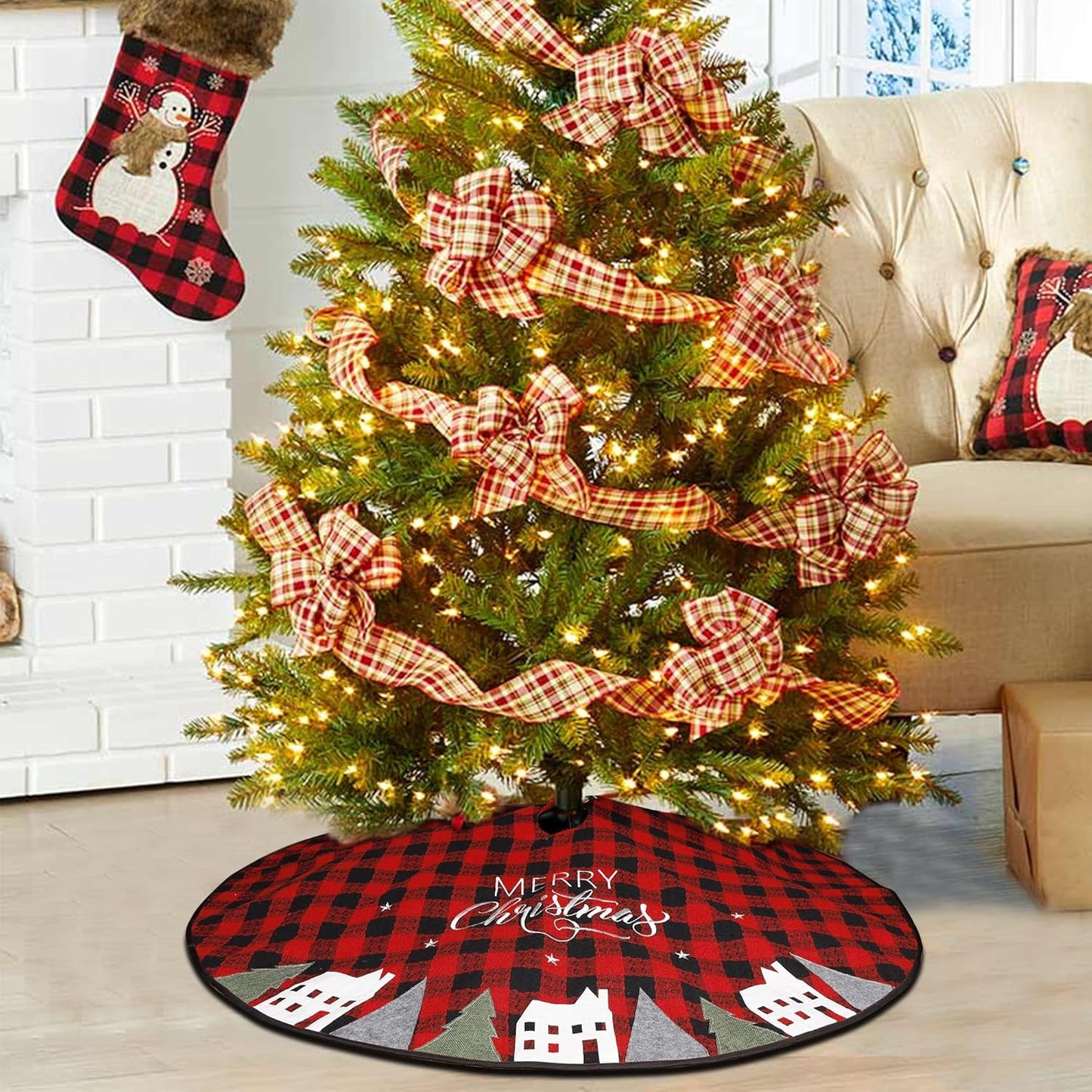 Juegoal 32-Inch Christmas Tree Skirt - Soft Red and Black Plaid Holiday Decor Mat