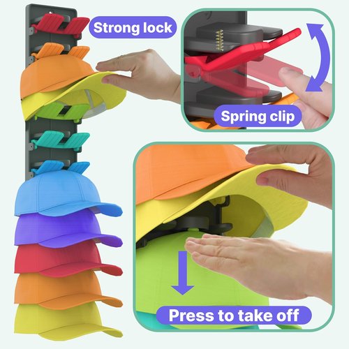 Hat Organizer - Regine Baseball Cap Holder with Built-In Spring Clips | Adjustable Wall Mount Rack for Closet & Door