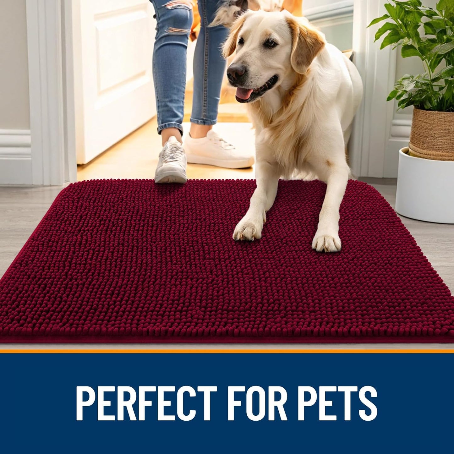 OLANLY Dog Door Mat - Absorbent Non-Slip Washable Doormat for Muddy Paws | 59x35 Inches, Burgundy